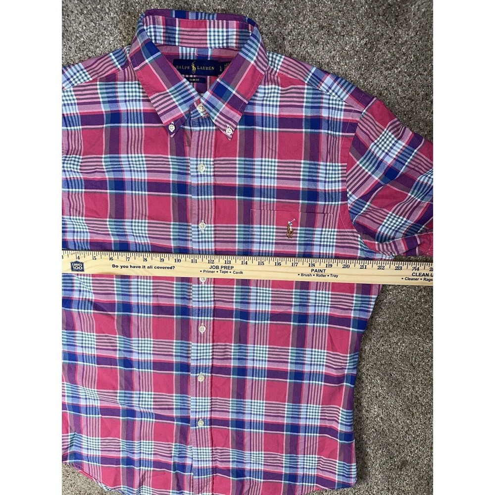Polo Ralph Lauren Mens Large Slim Fit Short Sleeve Plaid‎ Button Up Shirt Cotton - Picture 7 of 8